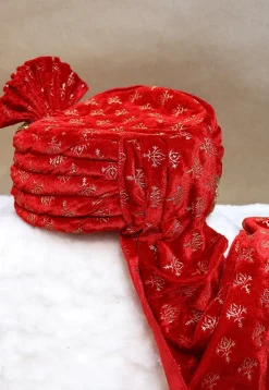 Foil Printed Velvet Turban in Red