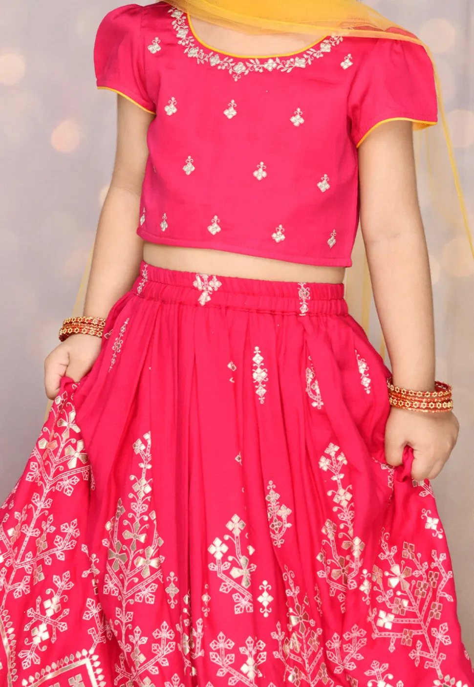 Foil Printed Viscose Rayon Lehenga in Magenta