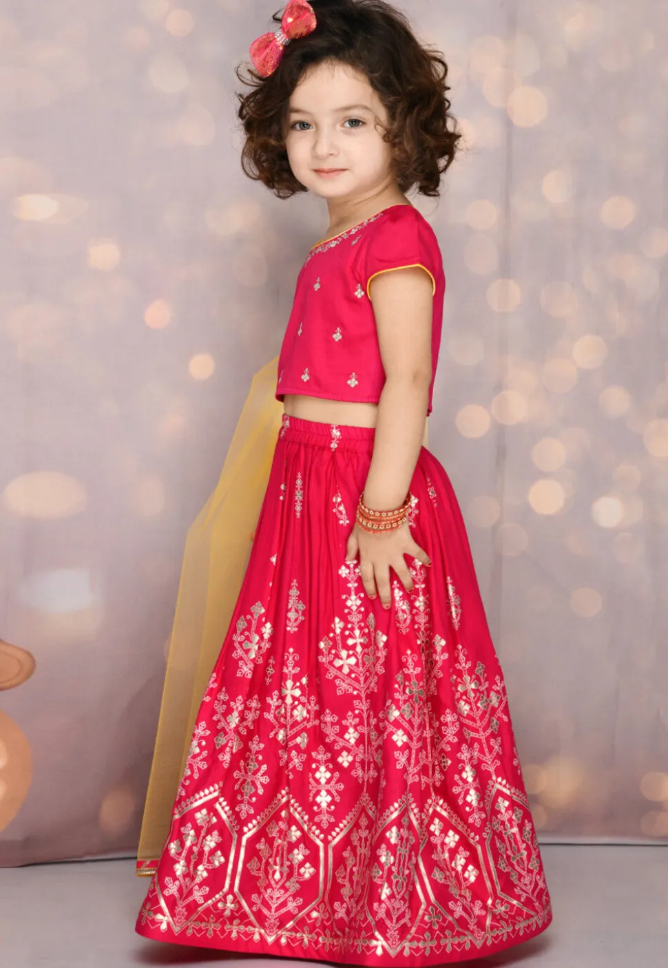 Foil Printed Viscose Rayon Lehenga in Magenta