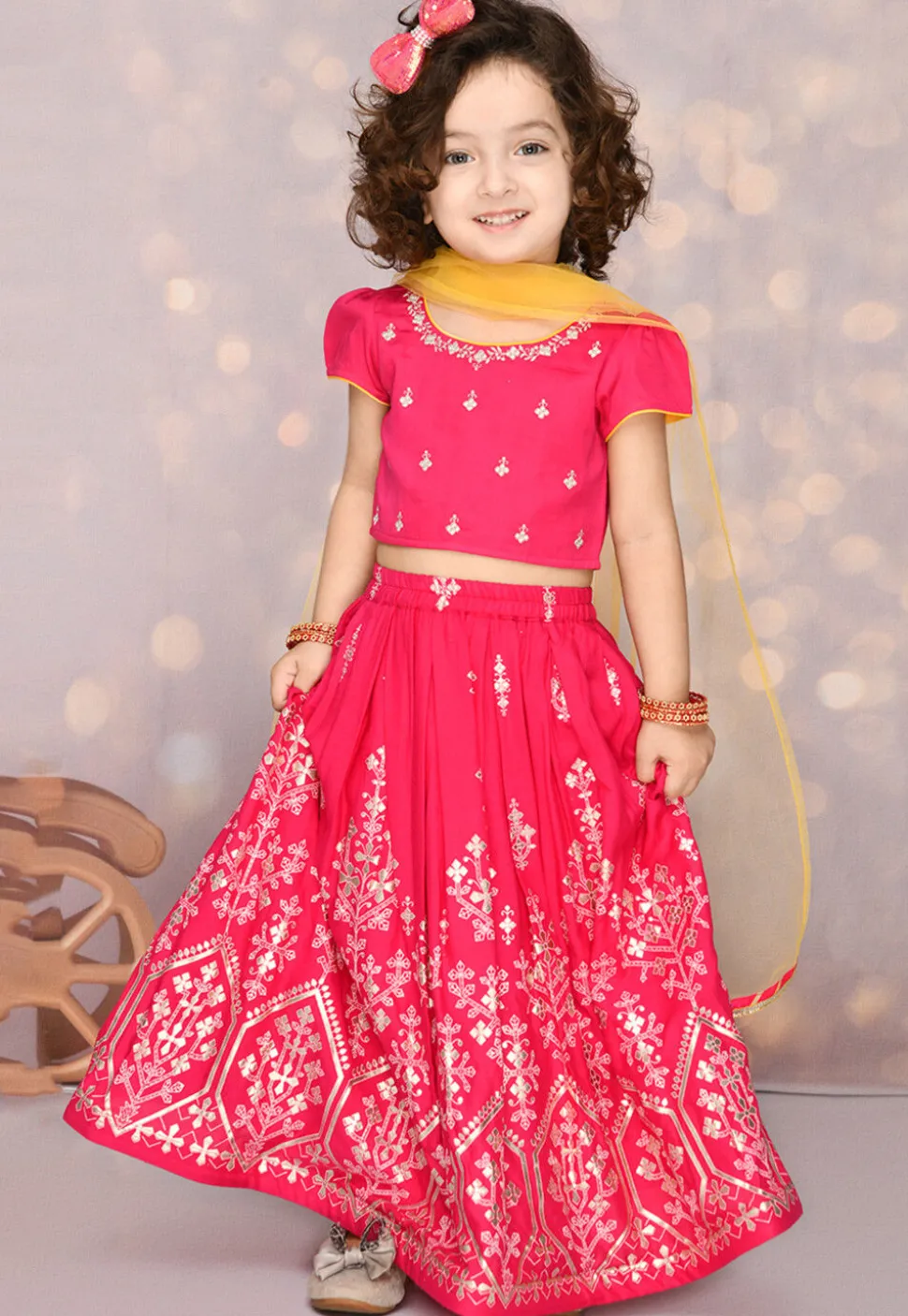 Foil Printed Viscose Rayon Lehenga in Magenta