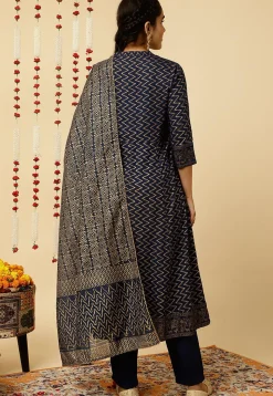 Foil Printed Viscose Rayon Anarkali Suit in Navy Blue