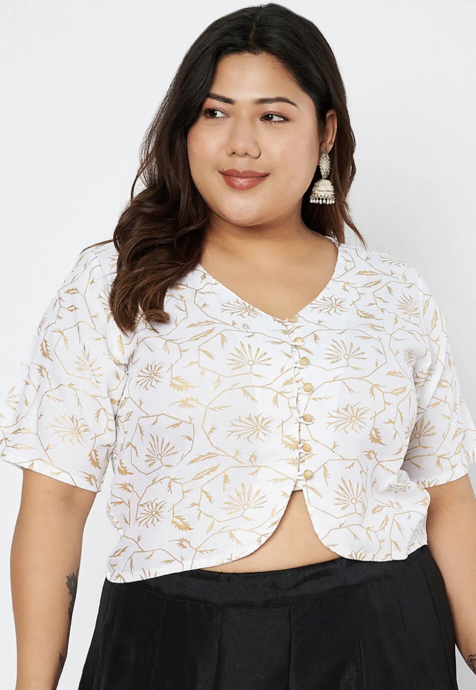 Foil Printed Viscose Rayon Blouse in White