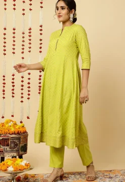 Foil Printed Viscose Rayon Anarkali Suit in Light Green