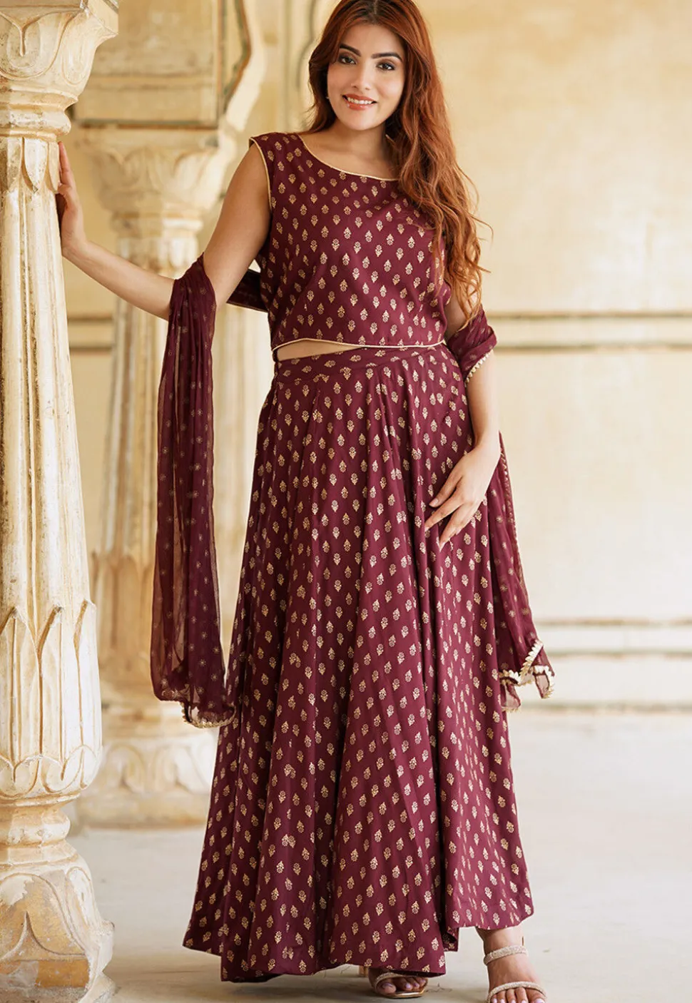 Foil Printed Viscose Rayon Lehenga in Maroon