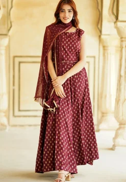 Foil Printed Viscose Rayon Lehenga in Maroon
