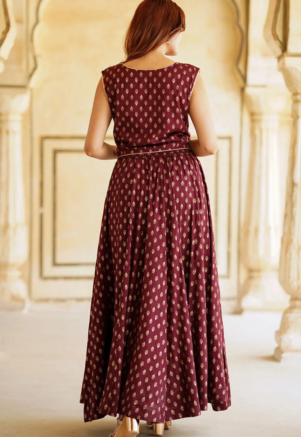 Foil Printed Viscose Rayon Lehenga in Maroon