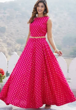 Foil Printed Viscose Rayon Lehenga in Fuchsia