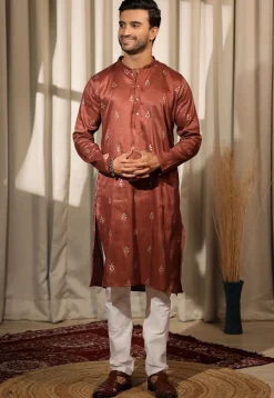 Foil Printed Viscose Silk Kurta Set in Rust