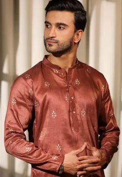 Foil Printed Viscose Silk Kurta Set in Rust