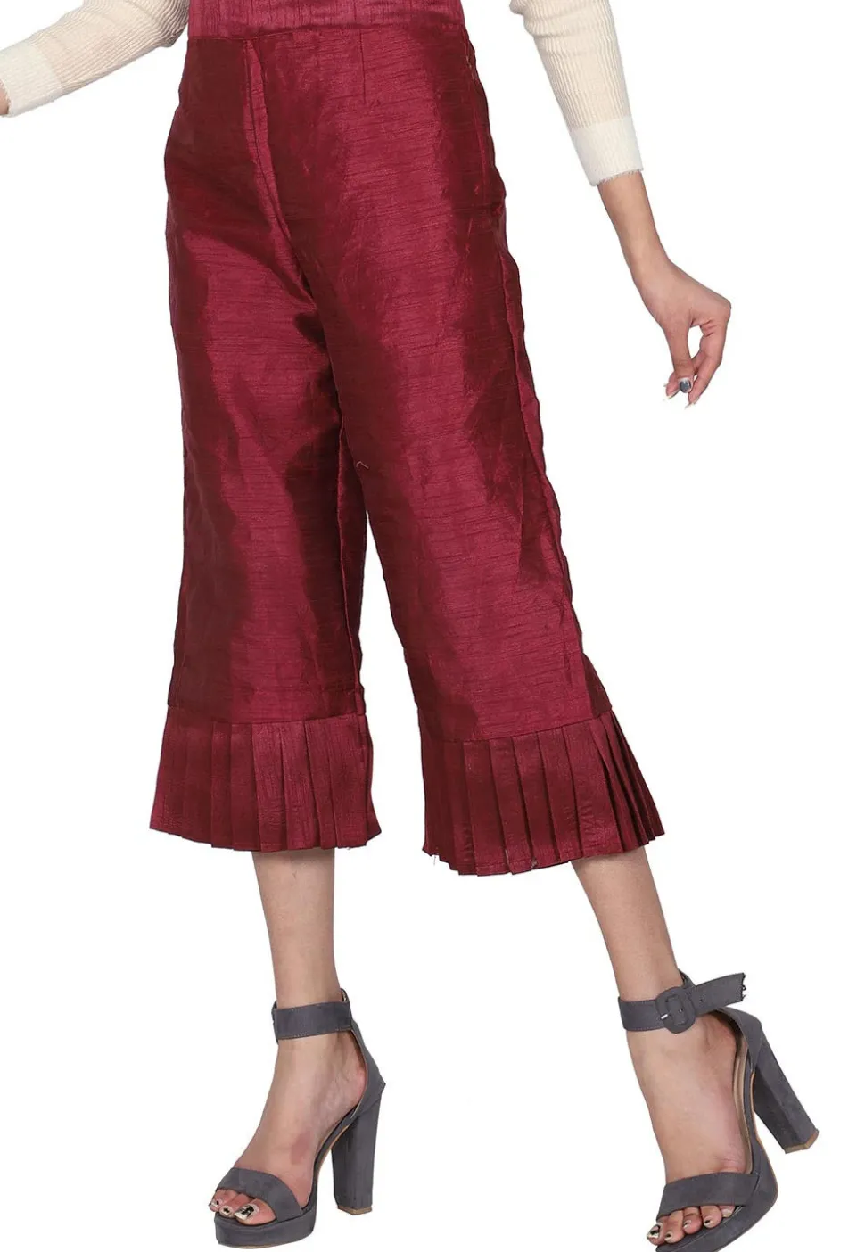 Frilled Hemline Dupion Silk Culottes in Wine