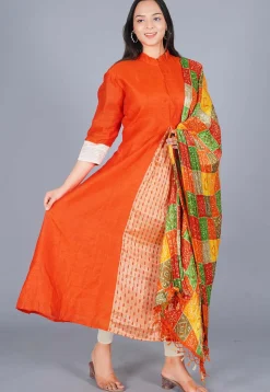 Front Slit Art Silk Anarkali Suit in Orange