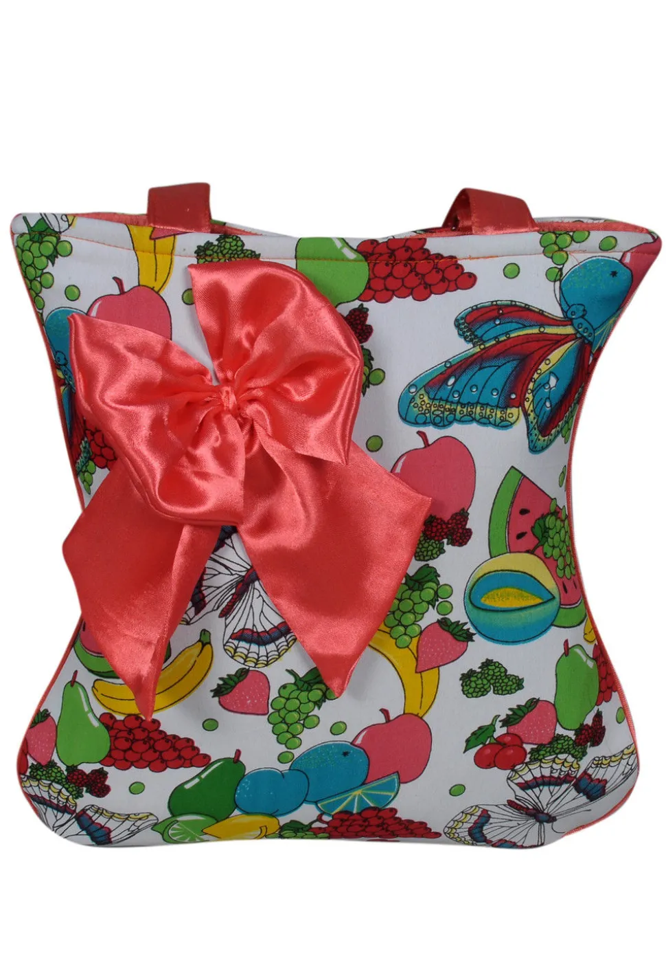 Fruit Printed Cotton Hand Bag in White and Multicolor