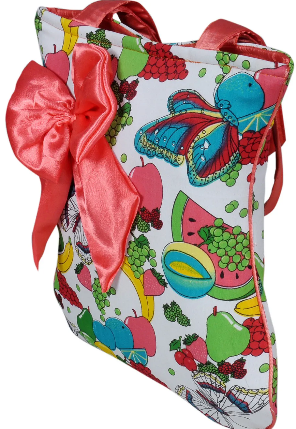 Fruit Printed Cotton Hand Bag in White and Multicolor