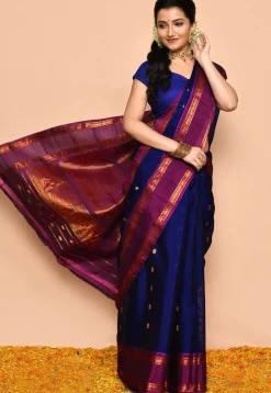 Gadwal Pure Silk Cotton Handloom Saree in Navy Blue