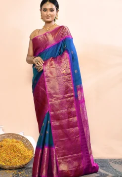 Gadwal Pure Silk Handloom Saree in Teal Blue
