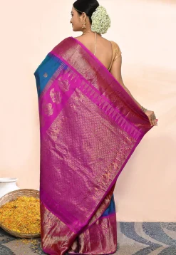 Gadwal Pure Silk Handloom Saree in Teal Blue
