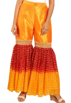 Ghatchola Bandhej Art Silk Sharara in Shaded Maroon and Mustard