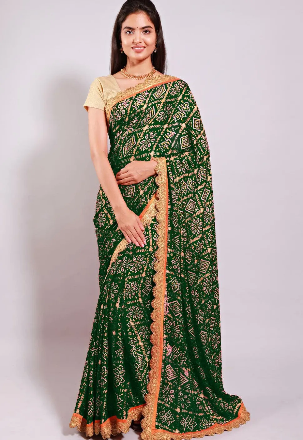 Ghatchola Bandhej Printed Crepe Saree in Dark Olive Green