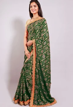 Ghatchola Bandhej Printed Crepe Saree in Dark Olive Green