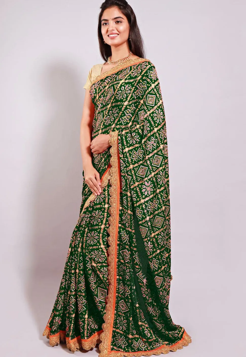 Ghatchola Bandhej Printed Crepe Saree in Dark Olive Green