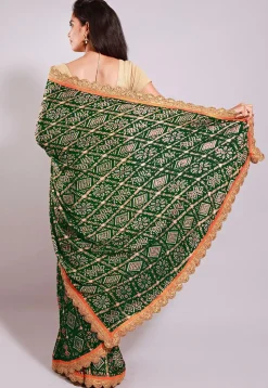 Ghatchola Bandhej Printed Crepe Saree in Dark Olive Green