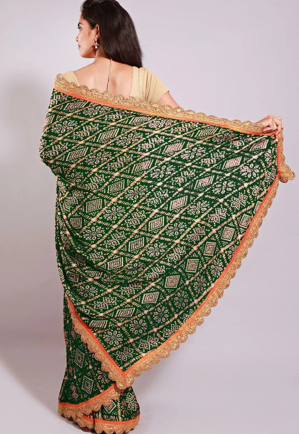 Ghatchola Bandhej Printed Crepe Saree in Dark Olive Green