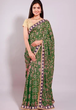 Ghatchola Bandhej Printed Crepe Saree in Dark Olive Green