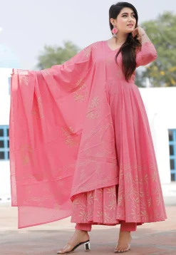 Golden Block Printed Cotton Pakistani Suit in Pink