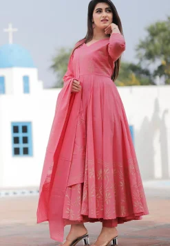 Golden Block Printed Cotton Pakistani Suit in Pink