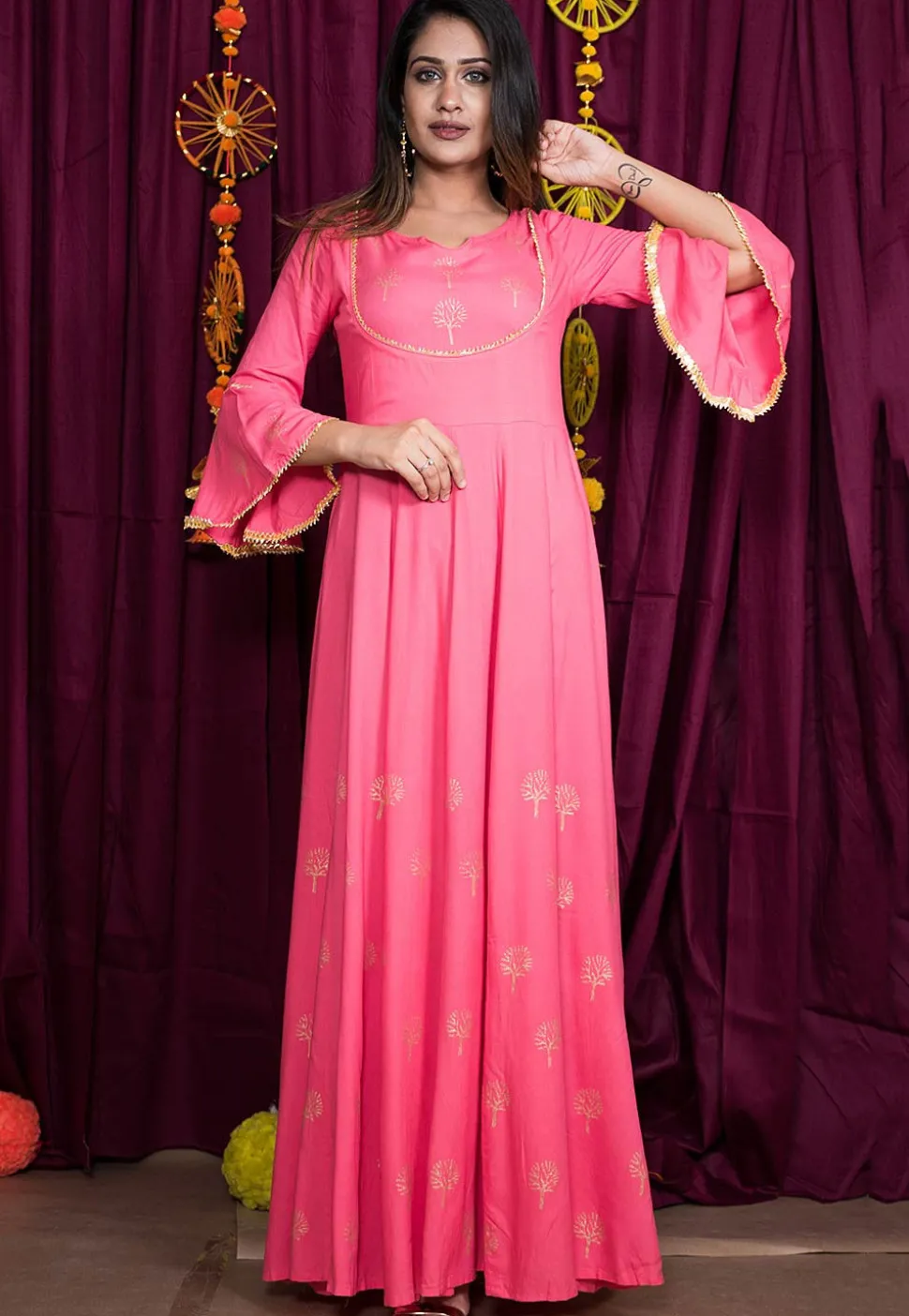 Golden Block Printed Rayon Gown in Pink