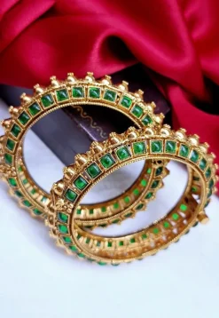 Golden Polished Kemp Stone Studded Openable Bangle Pair