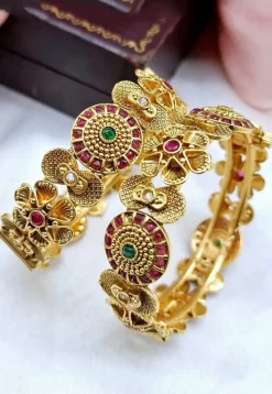 Golden Polished Kemp Stone Studded Openable Bangle Pair