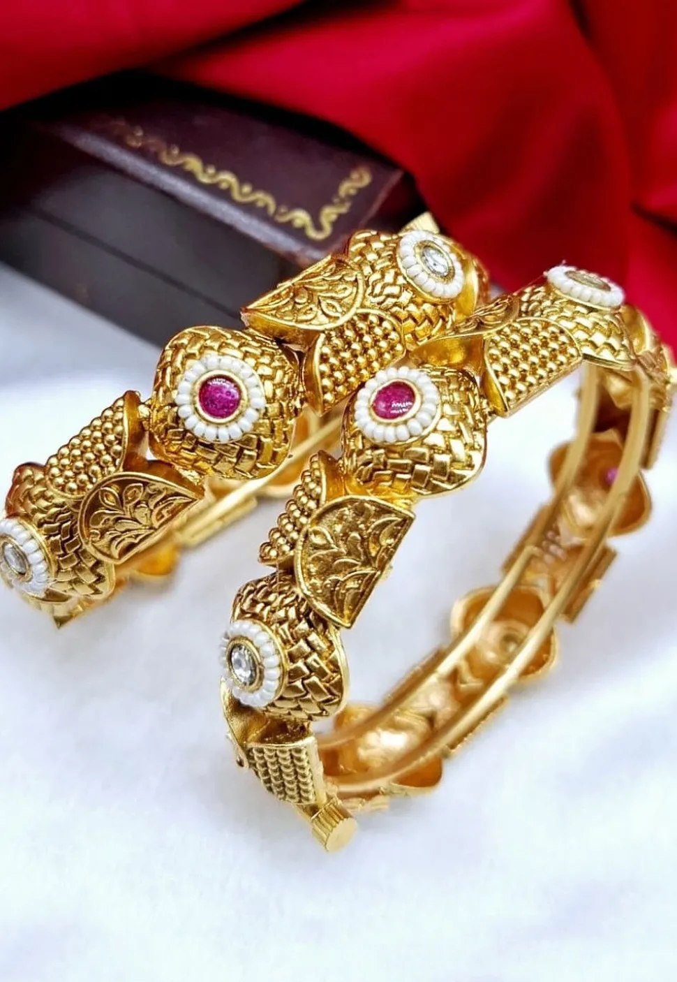 Golden Polished Stone Studded Openable Bangle Pair