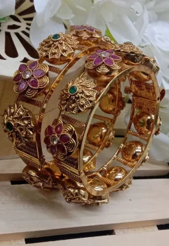Golden Polished Stone Studded Openable Bangle Pair