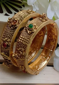 Golden Polished Stone Studded Openable Bangle Pair