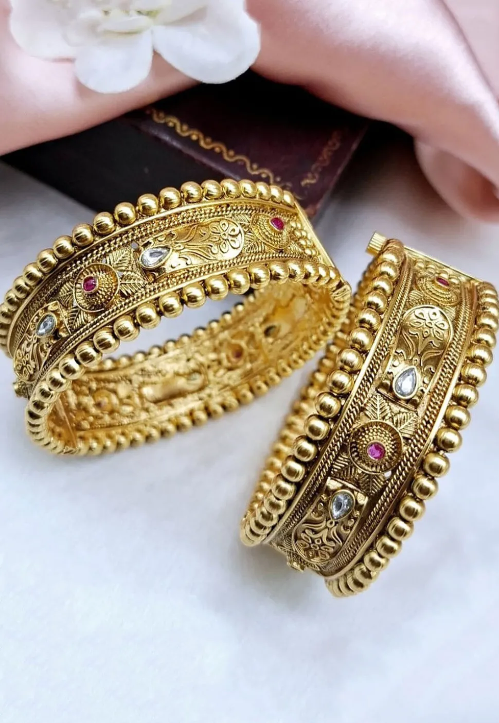 Golden Polished Stone Studded Openable Bangle Pair