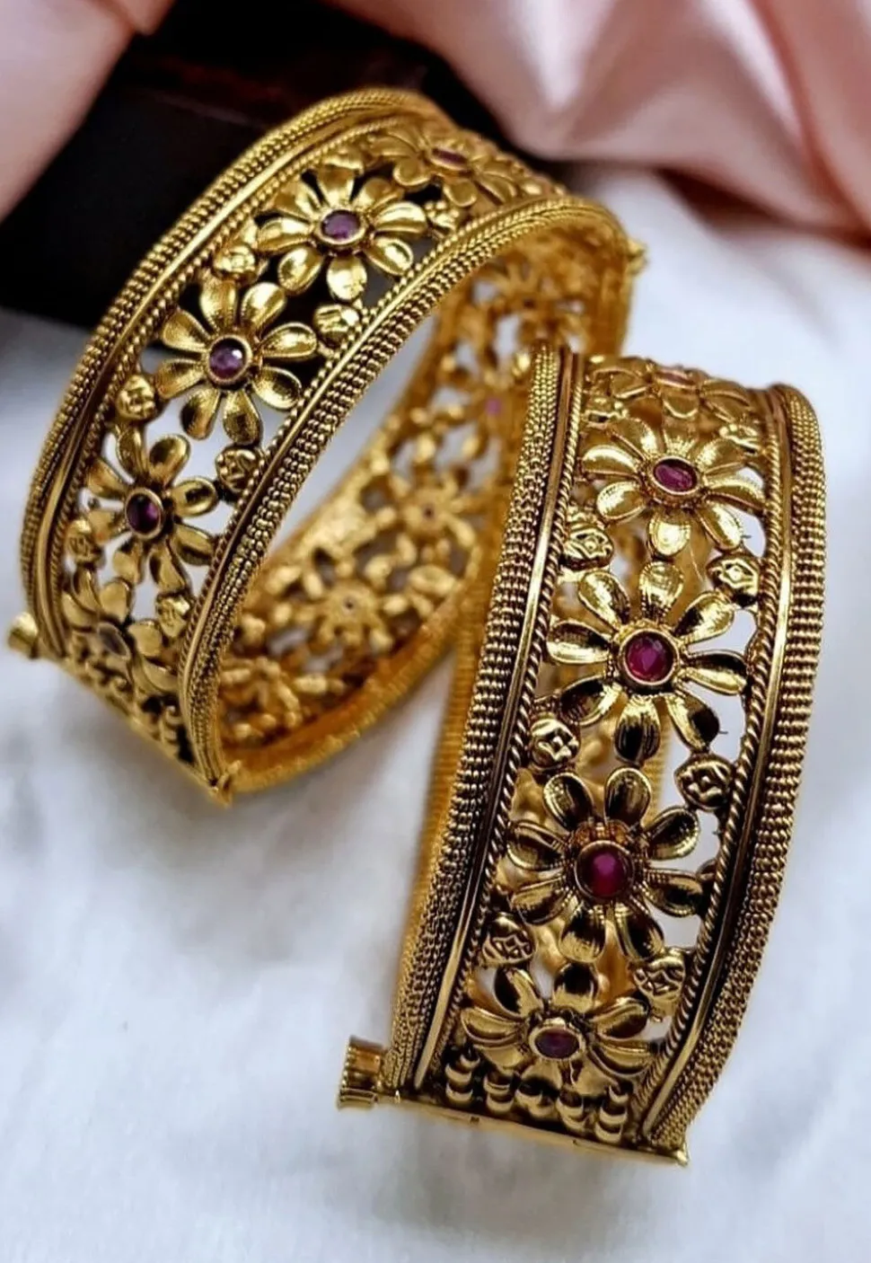 Golden Polished Stone Studded Openable Bangle Pair