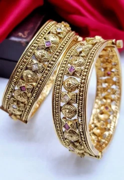 Golden Polished Stone Studded Openable Bangle Pair