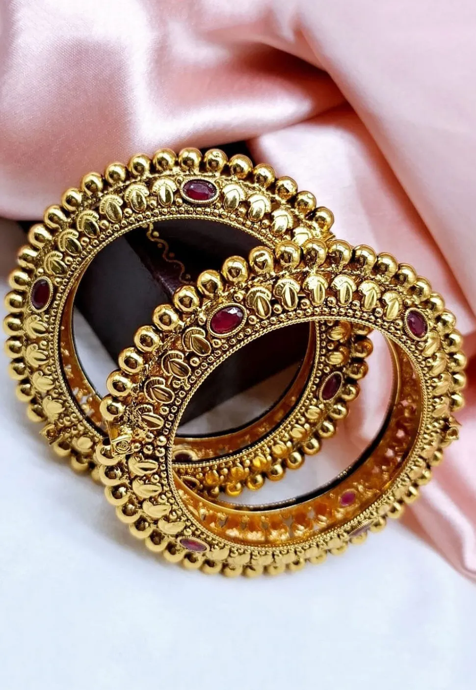 Golden Polished Stone Studded Openable Bangle Pair