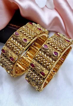 Golden Polished Stone Studded Openable Bangle Pair