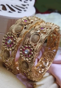 Golden Polished Stone Studded Openable Bangle Pair