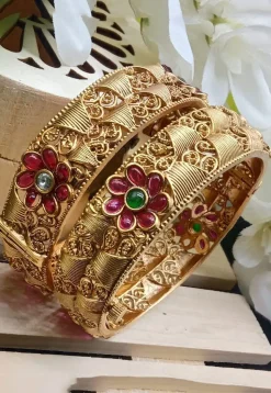 Golden Polished Stone Studded Openable Bangle Pair