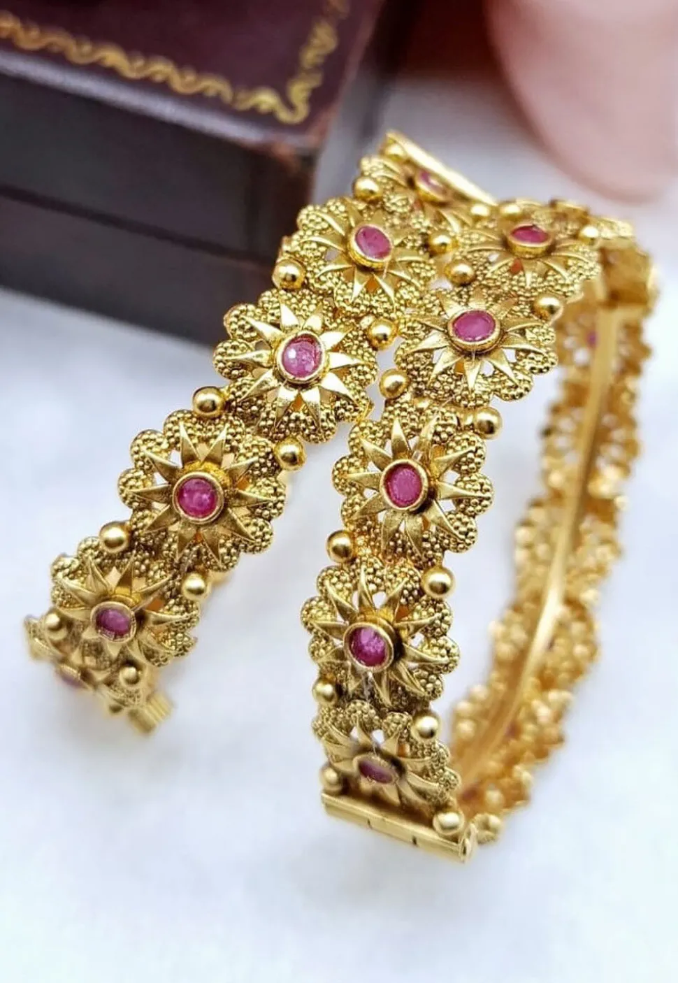 Golden Polished Stone Studded Openable Bangle Pair