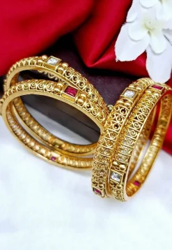 Golden Polished Stone Studded Bangle Set