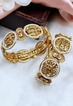 Golden Polished Stone Studded Openable Bangle Pair
