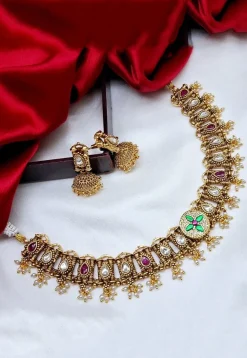 Golden Polished Stone Studded Necklace Set