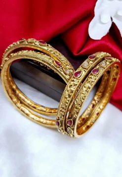 Golden Polished Stone Studded Bangle Set