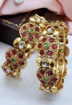 Golden Polished Stone Studded Openable Bangle Pair