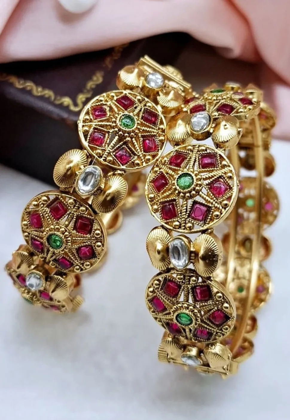 Golden Polished Stone Studded Openable Bangle Pair