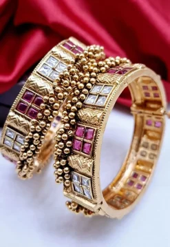 Golden Polished Stone Studded Openable Bangle Pair